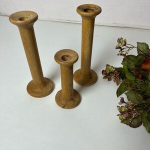 Vintage Set of 3 Wood Spool Candle Holders Mid-Century Modern
